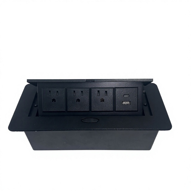 T266-4P Recessed Tabletop Socket with 3 AC Outlets USB-A/Type-C Ports IP45 Aluminum Construction for Office/Conference Use
