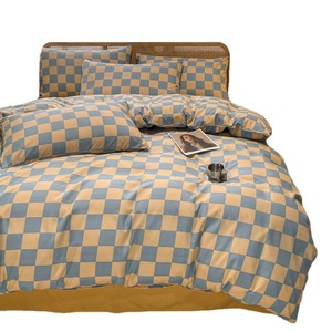 Ensembles <span class=keywords><strong>de</strong></span> <span class=keywords><strong>housse</strong></span> <span class=keywords><strong>de</strong></span> <span class=keywords><strong>couette</strong></span> en coton lavé à l'eau simple pour la peau échiquier quatre pièces Plaid Ins Style drap <span class=keywords><strong>de</strong></span> lit pour dortoir étudiant - Product Image 5