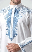 Col Mandarin Manches Longues Respirant Blanc Homme Coton Motifs Anciens Empiècement Brodé Tunique Coton