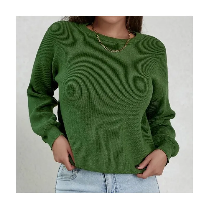 Woman Green Sweaters Girls Holiday Sweaters Cashmere Jumper Custom Knitted Fashion Women Crewneck Rib Stich Knitted Sweater