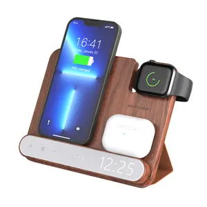 2023 New Arrivals 4 In 1 Fast Qi Wooden Wireless Charger With LED Digital Display Clock For IPhone 14 13 12 For IWatch AirPods