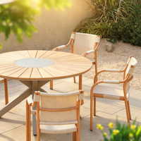 Ensemble de salle à manger d'extérieur rond, table en aluminium à motif soleil avec chaises Breeze, mobilier d'extérieur design pour villa, patio et jardin