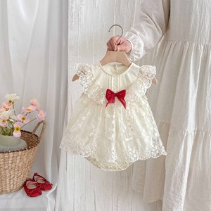<span class=keywords><strong>Ropa</strong></span> de Verano para Bebé Niña, Body de Encaje con Lazo Rojo, Mono Dulce de Algodón para Recién Nacida - Product Image 4