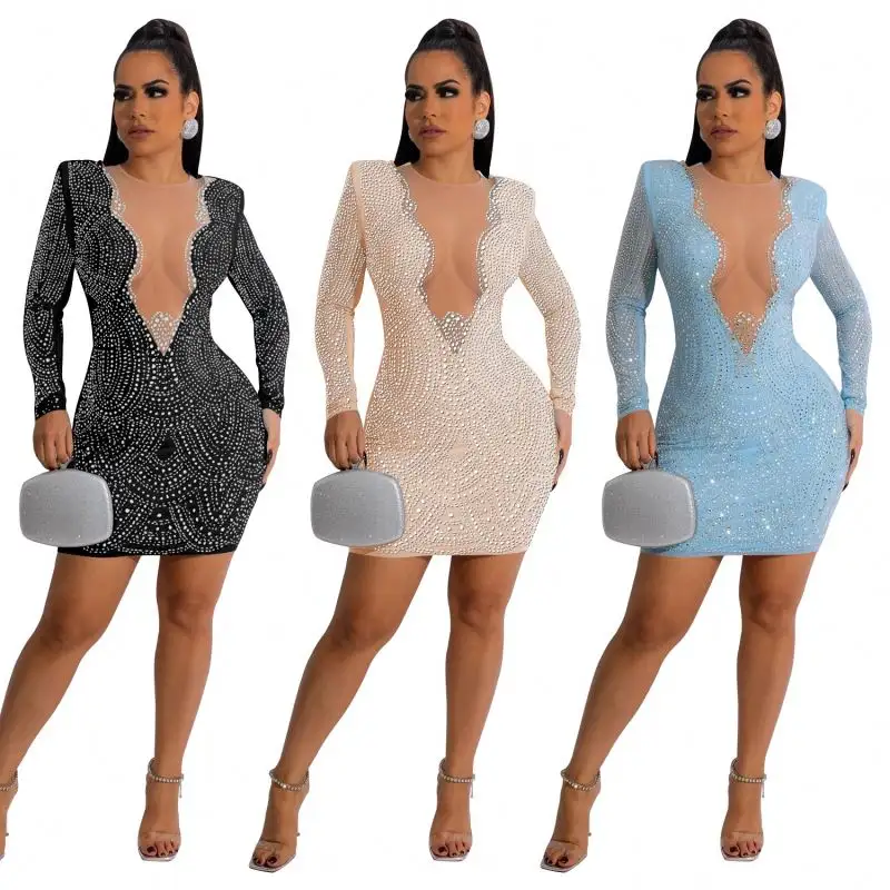 sparkly sexy party night shiny fabric 2023 beaded cocktail sexy-sequin-pronm-evening-dresses womens long sleeve sequin dress