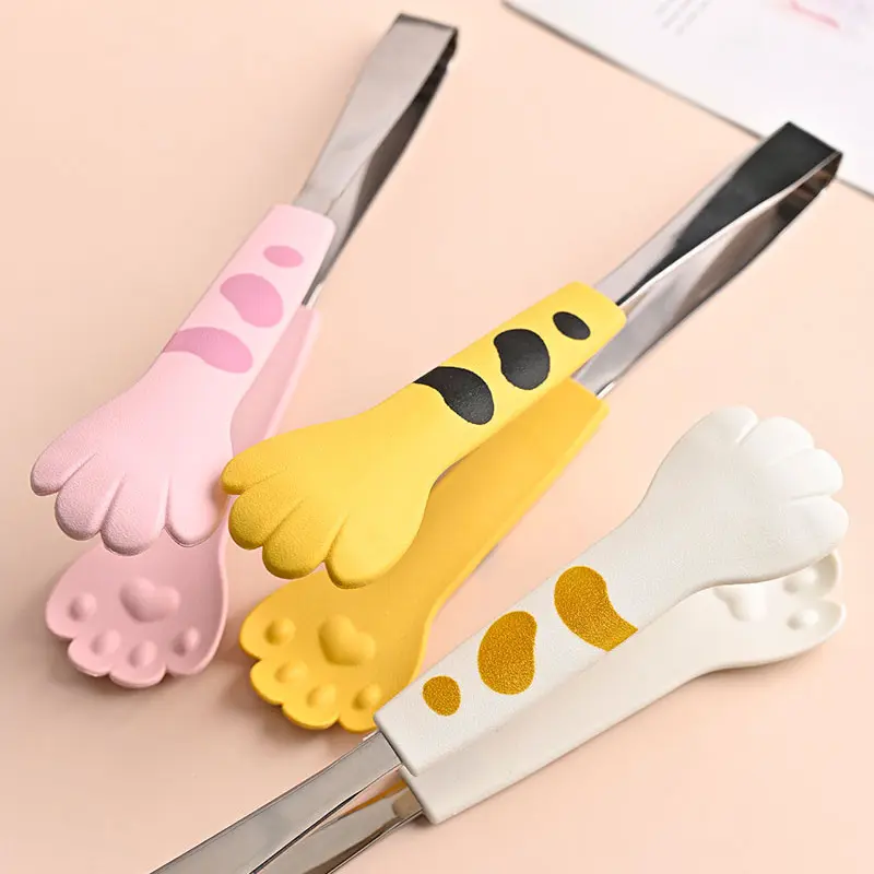 NEWYUES Cat Paw Shape Food Tongs Cute Cartoon Meal Tongs Stainless Steel Barbecue Tongs Sandwich Baking Clip Kitchen Gadgets