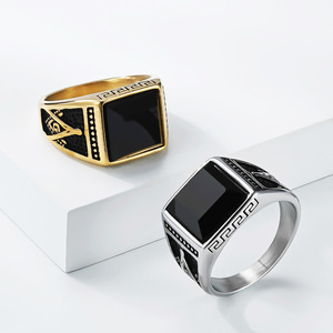 Freemason <b>Ring</b> Men's <b>Titanium</b> Steel Black Glass Gemstone Geometric Design Bezel Setting Gift Jewelry - Product Image 2