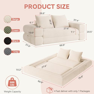 Convertible Folding Floor Sofa Bed Queen Size Foldable <strong>Sleeper</strong> 4-in-1 Sofa Bed Corduroy Upholstery Boneless Mattress Couch - Product Image 2