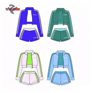 Completo sportivo primaverile da <span class=keywords><strong>donna</strong></span> di alta qualità con strisce laterali, set due pezzi personalizzato con <span class=keywords><strong>felpa</strong></span> con zip e colletto alto e pantaloncini - Product Image 2
