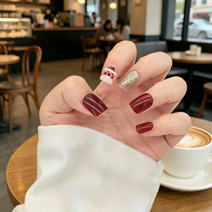 <span class=keywords><strong>Uñas</strong></span> Postizas Claus Press Nails ABS en Color <span class=keywords><strong>Vino</strong></span> Tinto, Rosa Nude, Estilo Francés, <span class=keywords><strong>Cortas</strong></span> y Cuadradas, Regalo de Navidad, Reutilizables, Cobertura Total, Pre-Diseñadas - Product Image 2