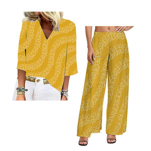 Factory <span class=keywords><strong>Outlet</strong></span> Polynesian Samoan Tribal Style Elei Printing Camiseta de manga de 7 puntos con cuello en V para <span class=keywords><strong>mujer</strong></span> y pantalones de pierna ancha de gran tamaño - Product Image 1