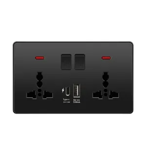 Sakelar tombol lampu 13A hitam UK, soket daya pengisian cepat pintar Usb C 18W universal, saklar dinding Outlet elektrik 220V