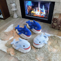 Chaussures en coton pour enfants et femmes, bleues, mignonnes, douces, confortables, moelleuses, chaudes, antidérapantes, semelle en plastique, requin, pour garçons et filles