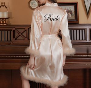 رداء حمام من الفراء كيمونو للعروس من الساتان ، مُطرز من المصنع ، لوصيفة العروس في حفل الزفاف ، رداء من الريش الصباحي للعروس - Product Image 1