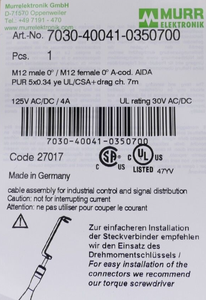 PLC อิเล็กทรอนิกส์ M12 การเชื่อมต่อ Cle A-cod. อายดา 7 เมตร |   7030-40041-0350700 70 สำหรับสินค้าที่อยู่ในประกัน - Product Image 2