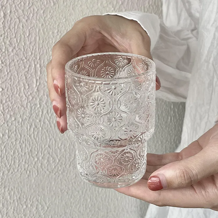 340ml European-style glass retro pattern Embossed Stackable Juice Drink-ware Clear Coffee Glass Cup for water milk