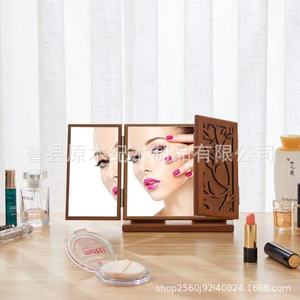 Solid Wood <b>Foldable</b> Three Sided Makeup <b>Mirror</b> With Clover Carving Desktop Ornament - Product Image 3