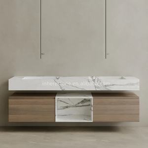 Meuble sous lavabo double flottant en marbre Arabescato Orobico Meuble de salle de bain mural surdimensionné avec tiroirs de rangement en bois - Product Image 3