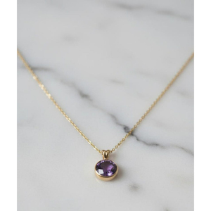 18KT Gold Solitaire Amethyst Pendant Necklace Minimalist Bezel Set <b>Purple</b> Gemstone Fine Jewelry Necklace - Product Image 3