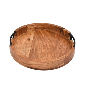 Plato redondo de madera con asa de cuero para servir bocadillos, aperitivos, nueces, bandeja estilo árabe, acabado en madera natural de lujo. - Product Image 1