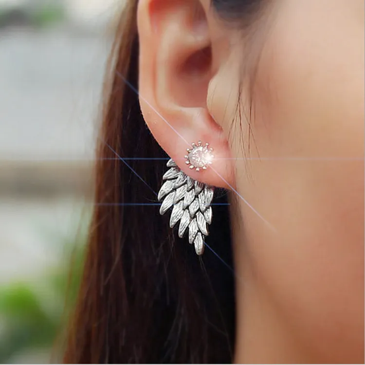 Korea Boho Mode Vintage Natal Malaikat Sayap Bulu Berlian Kristal Berlian Imitasi Pernikahan Perhiasan Giwang untuk Wanita