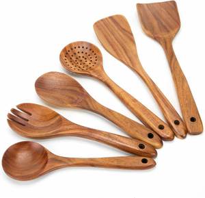 Ensemble d'ustensiles de cuisine en teck de qualité supérieure, 6 pièces, résistant au lave-vaisselle et au four, spatule et cuillère de service - Product Image 4