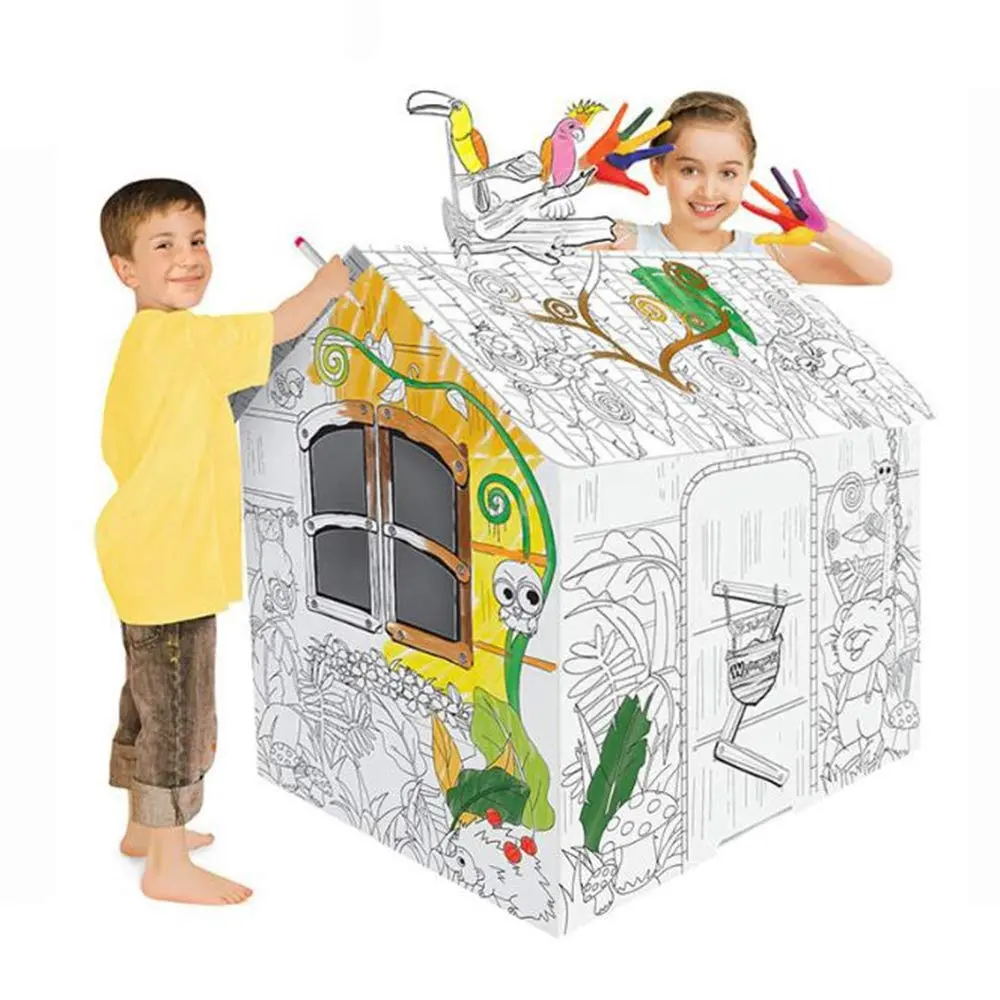 스타 핫 판매 어린이 DIY 손으로 그린 낙서 판지 종이 플레이 하우스 코티지 퍼즐, 창조적 인 조기 교육 장난감을 즐기십시오