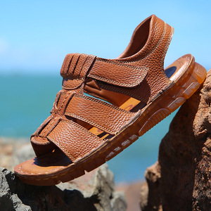 Summer Men's Genuine Leather Cross Strap Sandals Open Toe Rubber Sole Casual Breathable Outdoor <b>Shoes</b> - Product Image 4