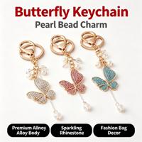 Porte-clés Papillon en Alliage avec Pendentif en Cristal, Strass et Fausse Perle, Fait Main, Breloque pour Sac, Cadeau Créatif pour Femmes et Filles