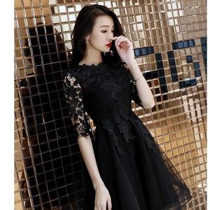Black Chiffon A-Line Evening Dress High Neck 3D Lace Embroidery Natural Waistline For Birthday Party Graduation Annual Meeting - Product Image 4