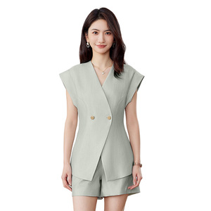 Women's Sleeveless V-Neck <b>Blazer</b> <b>Set</b> With Buttons Solid Color Crepe Fabric Casual Suit For Summer 2025 - Product Image 5