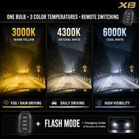 Ampoule de phare LED P65 X8 contrôlée par application, 200W, tricolore, clignotante, H4 H7 9005, IP67, aluminium CSP, éclairage automobile