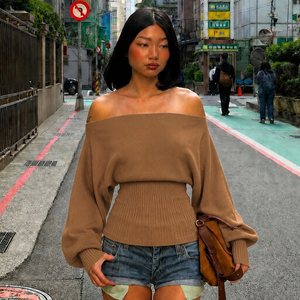 Suéter de Invierno para Mujer, con Hombros Descubiertos, Manga Abullonada, 100% Poliéster, Top Casual de Punto con Cintura Ajustable con Cordón, Corte Ajustado - Product Image 1