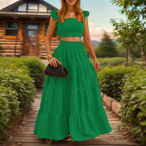 Nouvelle Robe <span class=keywords><strong>Longue</strong></span> Deux Pièces Élégante et Sexy, Couleur Unie, Sans Col, Taille Mi-Haute, à Bretelles, Grande Ampleur, pour l'Été - Product Image 1