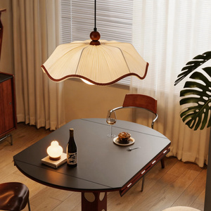Lustre suspendu en <span class=keywords><strong>tissu</strong></span> plissé festonné avec bordure tressée et <span class=keywords><strong>boule</strong></span> en bois, style rétro crème, pour cuisine et chambre - Product Image 4