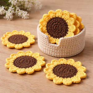 Posavasos de Girasol Hechos a Mano, de Hilo de Algodón Marrón y Amarillo, 10-11 cm de Diámetro, Venta en Línea, para Tazas, Decoración del Hogar - Product Image 5