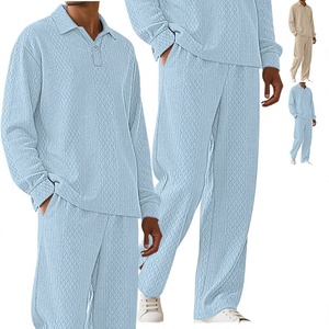 Conjunto de Camisa y Pantalones de Punto para Hombre, Estilo Casual, Cuello Solapa, Manga Corta, Transpirable, Textura Arrugada, Dos Piezas, Ropa de Calle para Verano - Product Image 4