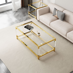 Modern Acrylic <b>Leg</b> <b>Coffee</b> <b>Table</b> Double Layer Tempered Glass Top Golden Metal Frame 47.2x23.6x17.7 Inch Living Room - Product Image 3