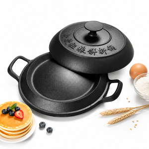 Poêle à crêpes ronde en fonte avec couvercle bombé, pré-assaisonnée, poignée en D, pour cuisson chinoise sur cuisinière - Product Image 1