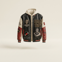 Chaqueta Varsity Acolchada con Capucha, Personalizada, Estilo B2B, Vintage, Urbana, con Parches Musicales, de Cuero, Resistente al Viento y Transpirable, para Hombre, Estilo Hip Hop, DJ, Turntable