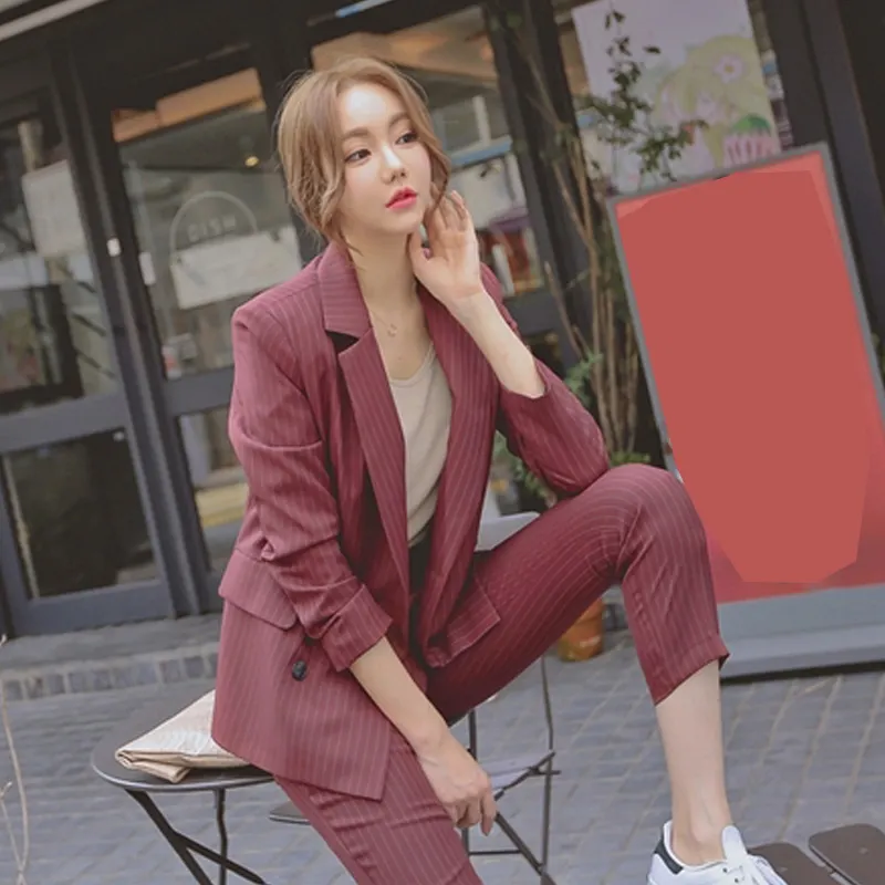 New Korean Women's Suits Striped Black White Gray Blazer with Nine Pants Female Double-breasted Office Two Piece Suit Women