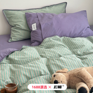 Sz-0328-G <b>Striped</b> Pure Cotton <b>Bedding</b> <b>Set</b> 40s Count Breathable Morandi Color Four Seasons Use - Product Image 2