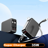 Pengisi Daya USB-C 35W GaN Bersertifikat PSE U'L dengan Kabel Retractable PD3.0 untuk iPad, Macbook, Laptop, Kamera, OTP