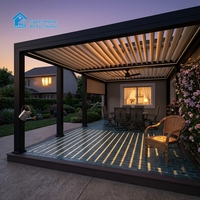 Pergola de luxe Sweet Home en aluminium antique avec murs coulissants en verre, toit rétractable motorisé à lames orientables, auvent de jardin