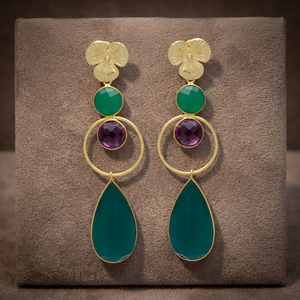 Green <b>Onyx</b> Amethyst Hydro Gemstone Ethnic Gold Plated Silver Drop <b>Earrings</b> Handmade - Product Image 3
