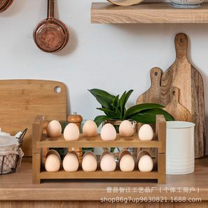 Double-layer egg <b>tray</b> rack, farmhouse kitchen refrigerator wooden fresh egg rack, stackable storage <b>basket</b>, shelf - Product Image 1