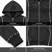 Hoodie personnalisé brodé vintage délavé à l'acide en molleton bouclette avec strass et fermeture éclair, style streetwear – Fabricants de vêtements