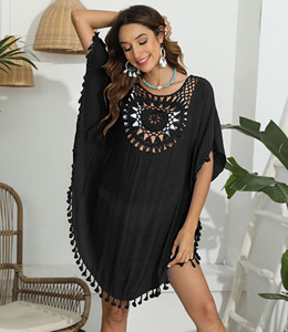 Vente chaude usine femmes été plage couvrir couleur unie <span class=keywords><strong>maillot</strong></span> de bain Crochet plage couvrir robes évider glands vêtements de plage - Product Image 3