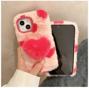 Funda de teléfono de felpa de piel cálida de invierno <span class=keywords><strong>peluda</strong></span> con corazón de amor lindo 3D para iPhone 14 13 12 11 Pro XS Max Plus funda trasera suave y esponjosa - Product Image 4