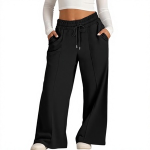 Pantalones de chándal de pierna ancha para mujer, de cintura alta, con cordón elástico, ajuste holgado informal, de longitud completa, de color liso, de punto, con bolsillos - Product Image 5