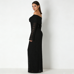 Abiti da donna neri con spalle scoperte, collo ampio, maniche lunghe in <span class=keywords><strong>pizzo</strong></span> testurizzato, abiti da sera lunghi aderenti per feste - Product Image 2